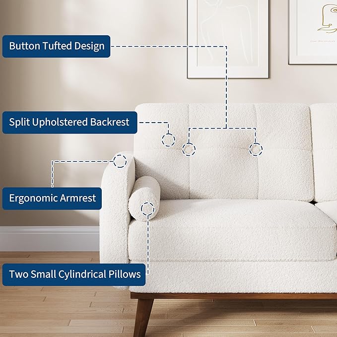 Garvee 65" Mid Century Modern Loveseat Sofa for Small Spaces, 2 Seater Boucle Upholstered Couch with Button Tufted Design & Wood Legs, Small Couch for Living Room, Bedroom, Office, Apartment, Beige