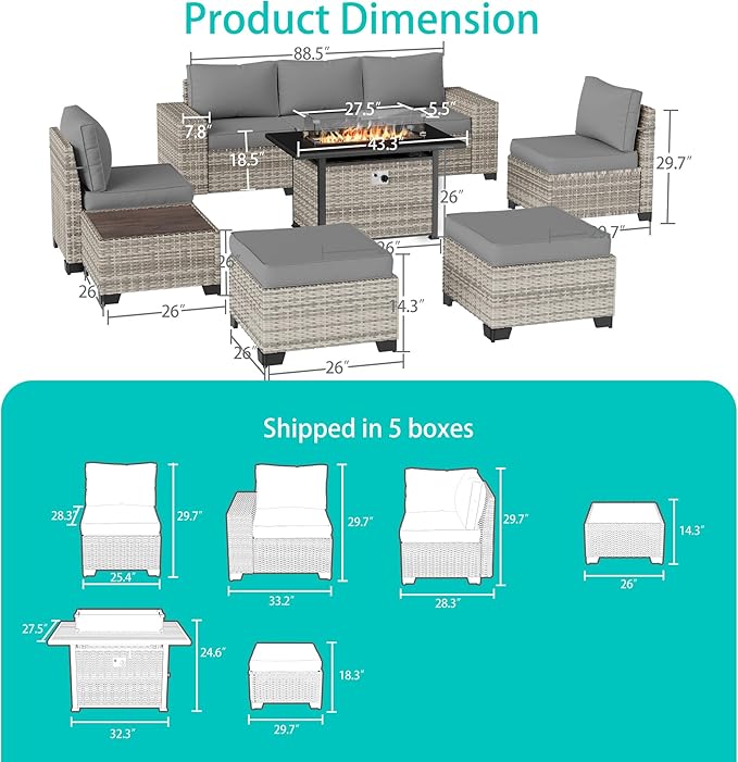 9-Piece Outdoor Patio Furniture Set with 55,000 BTU Fire Pit Table, PE Wicker Rattan Sectional Sofa Patio Conversation Set with Ottomans & Coffee Table, Grey