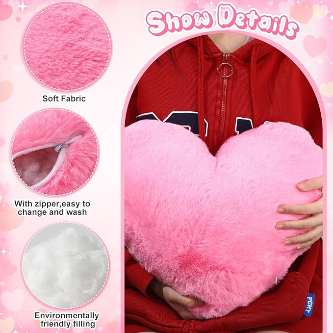 Marsui 2 Pcs Heart Throw Pillows, Soft Fluffy Faux Fur Decorative Hearts Shaped Pillows for Living Room Sofa Bed, Cute Heart Themed Gift for Women(Peach Pink,11.81 x 11.02, 16.73 x 13.78 Inch)