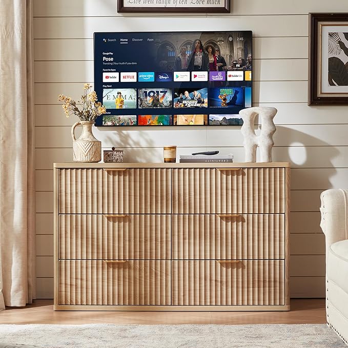LEYAOYAO Fluted 6 Drawers Dresser for Bedroom, 48" Wide Modern Chest of Drawers with Metal Handle, Natural Curved Profile Farmhouse Closet Organizer Wood Dressers TV Stand for Living Room, Hallway - Image 6
