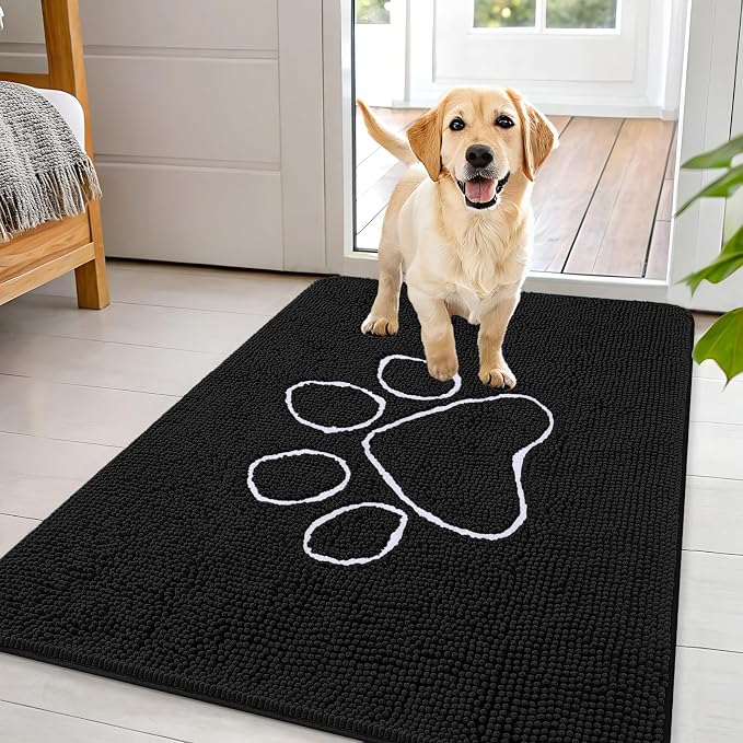 OLANLY Dog Door Mat for Muddy Paws 44x32, Paw Print Design, Absorbs Moisture and Dirt, Absorbent Non-Slip Washable Doormat, Quick Dry Chenille Mud Mat for Dogs, Entry Indoor Entryway Carpet, Black by OLANLY