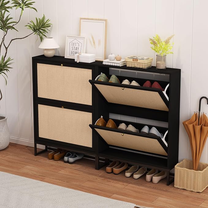 AVZEAR Narrow Shoe Cabinet with 2 Flip Drawer, Freestanding Shoe Organizer Shoe Cabinet Storage for Entryway, Slim Shoe Storage Shoe Rack for Closet with Linen Doors in Hallway, Living Room(Black) - Image 3