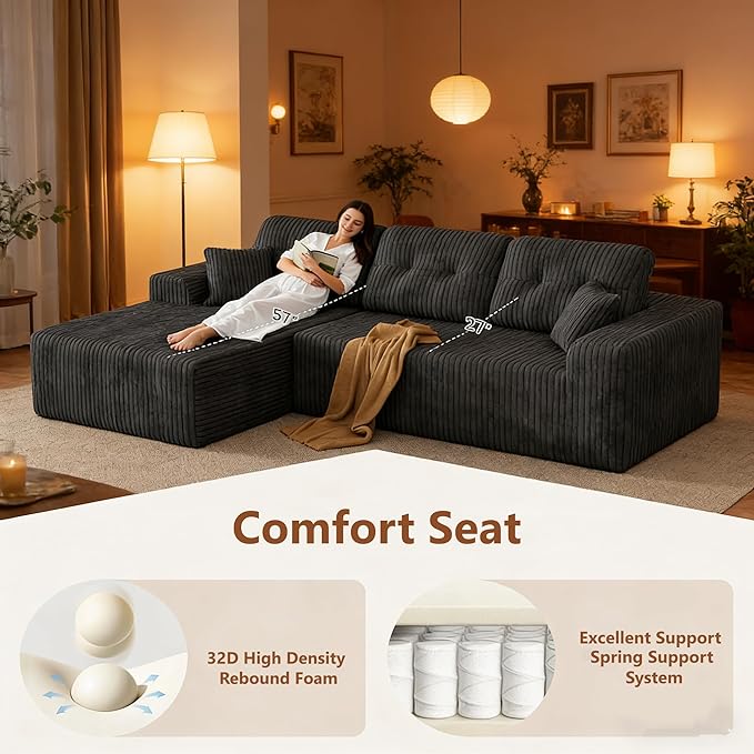 Ball & Cast 106''L-Shaped Sectional Sofa 3 Seater Convertible Couch for Living Room,Boneless Comfy Corduroy Couch w/Soft Backrest,Modular Sectional Couches for Home, Office,Left Facing Chaise(Grey)