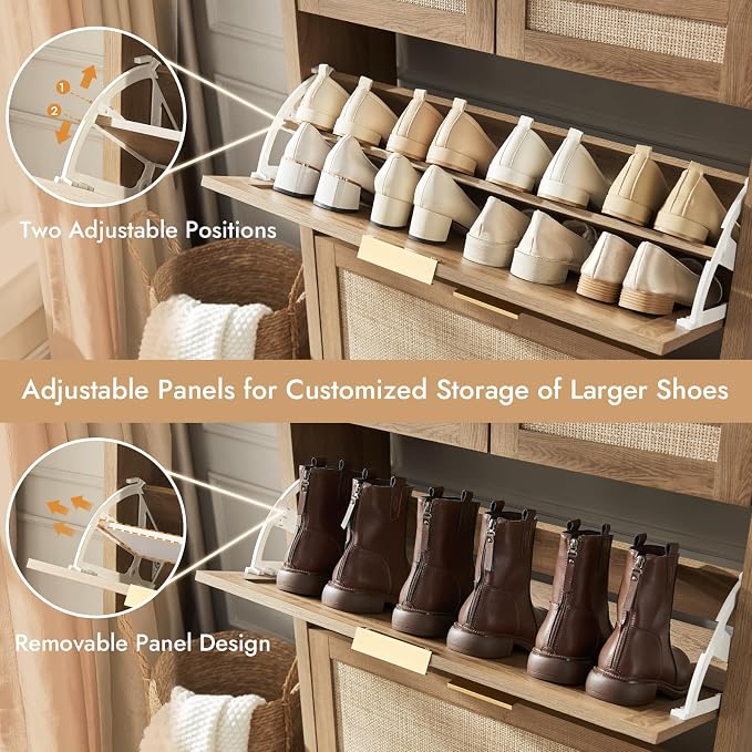 HOKYHOKY Rattan Shoe Storage Cabinet with 2 Drawers & 2 Flip Drawers – Hidden Slim Shoe Organizer for Entryway, Large Tabletop Space, Farmhouse Boho Narrow Shoe Rack, Rustic Oak - Image 5