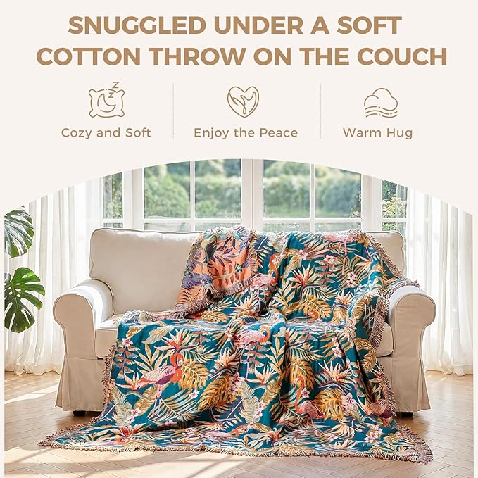 LUTBM Boho Throw Blanket for Couch Sofa Chair Cotton Spring Blankets for Bedroom Living Room All Season Lightweight Reversable Forest Embroidery Throws 50"x60"