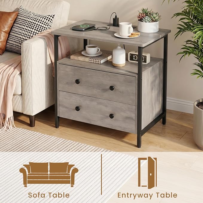 Edbuosy 27 inch Wide Night Stand with Charging Station, Bedside Table with Open Shelf, 2 Drawers Small Wood Dresser, Modern Wood Nightstand for Bedroom/Living Room (Rustic Gray) - Image 6