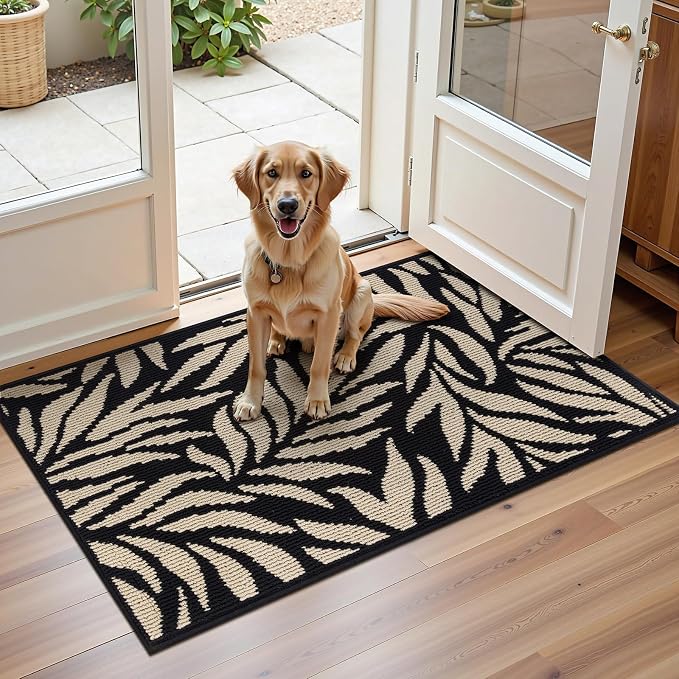 Ileading Indoor Door Mat 2x3ft, Absorbent Dog Muddy Paws Mats, Low-Profile Leaves Small Entrance Runner Carpet with Non-Slip Rubber Backing, Washable Inside Welcome Mat for Hallway,Kitchen (Black) by Ileading
