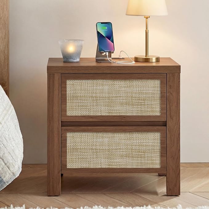 Yechen Rattan Night Stand, Nightstand with Type-C Charging Station, Boho End Tables, Bed Side Tables, 23.6" D x 15.8" W x 23.6" H, 2 Drawers Nightstands for Small Space, Walnut by Yechen
