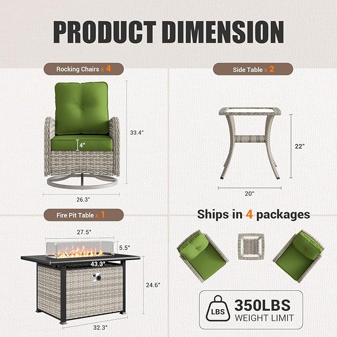 7Pcs Patio Rocking Swivel Chair with 55,000 BTU Fire Pit Table Outdoor Wicker Rattan Bistro Set with Tempered Glass Side Table, Patio Furniture Set for Garden and Balcony, Avocado Green