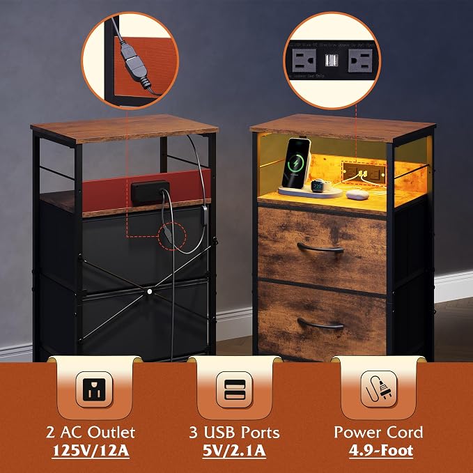 WLIVE Nightstand with Charging Station, 31.9" H Nightstand with 3 Fabric Drawers, LED Bedside Table with USB Ports and Outlets, End Table for Dorm, Bedroom, Entryway, Rustic Brown - Image 6