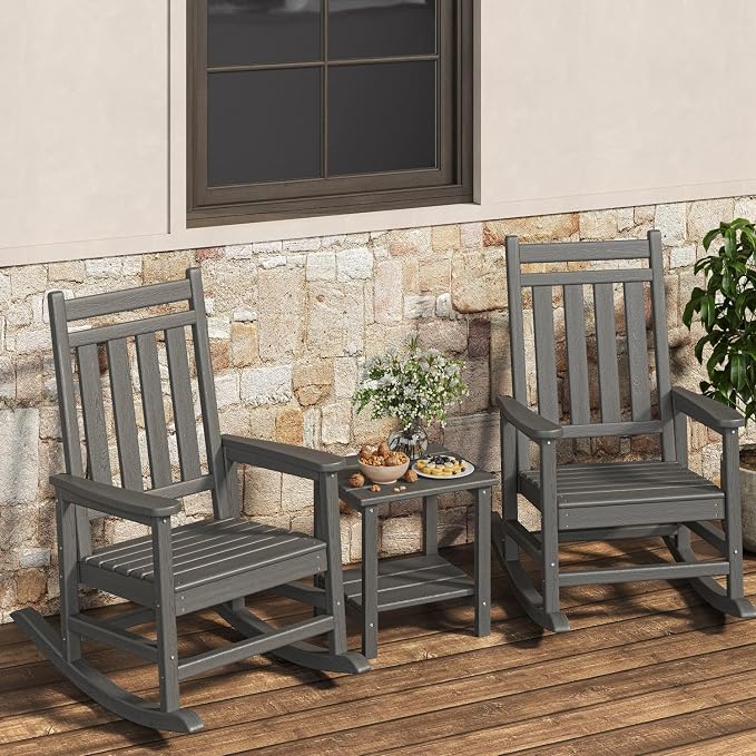 Garvee HDPE Rocking Chair Outdoor Set of 2 with Side Table - Poly High Back Porch Rocker Chairs for Adults - All Weather Resistant Furniture for Patio Front Porch - Gray by Garvee