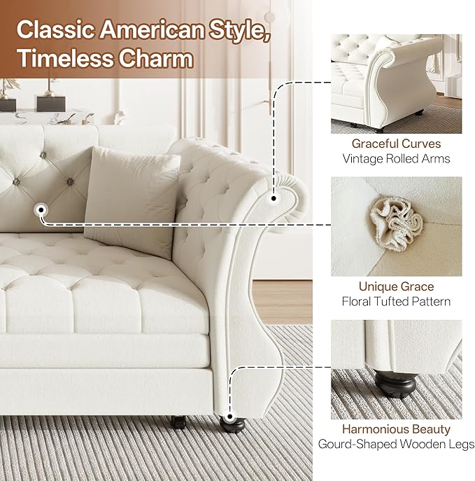 Eafurn Oversized 3-Seater Chesterfield Loveseat Convertible Queen Size Sleeper Couch Bed,Classic Tufted Velvet Pull Out Loveseat Sofa Bed with Roll Armrest and Solid Wood Legs