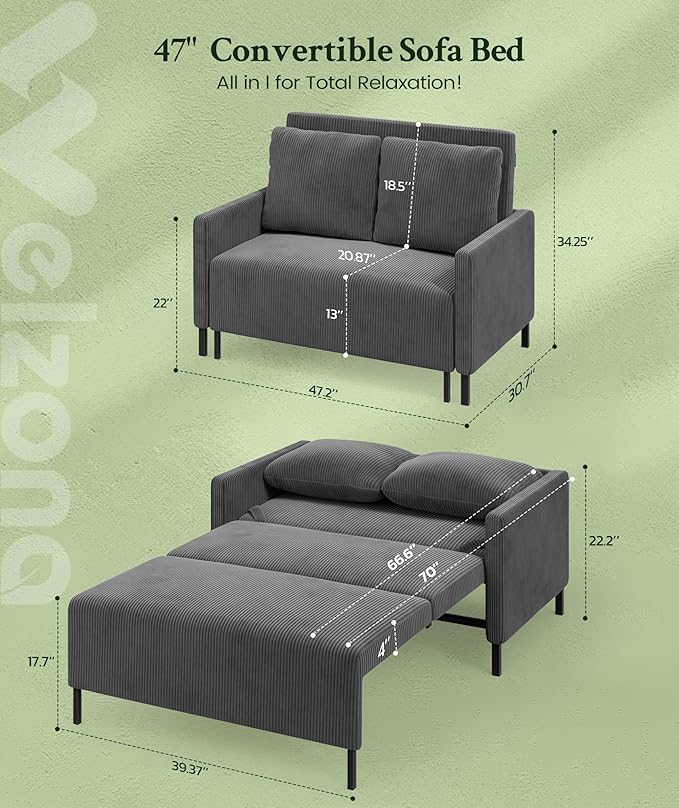 47.2" Convertible Sofa Bed Couch, Comfy Corduroy Couch Bed, All in 1 Loveseat Sleeper Sofa, Love Seat Sleeper Bed with 2 Pillows, Modern Couches for Living Room/Apartment/Home/Office, Grey