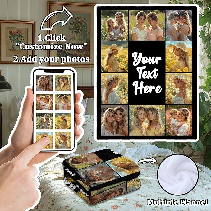 Personalized Blanket Custom Blanket with Photos, Personalized Picture Throw Blanket, Custom Birthday Christmas Valentines Day Gifts for Friends, Mom, Dad, Couple, Girlfriends, Boyfriends