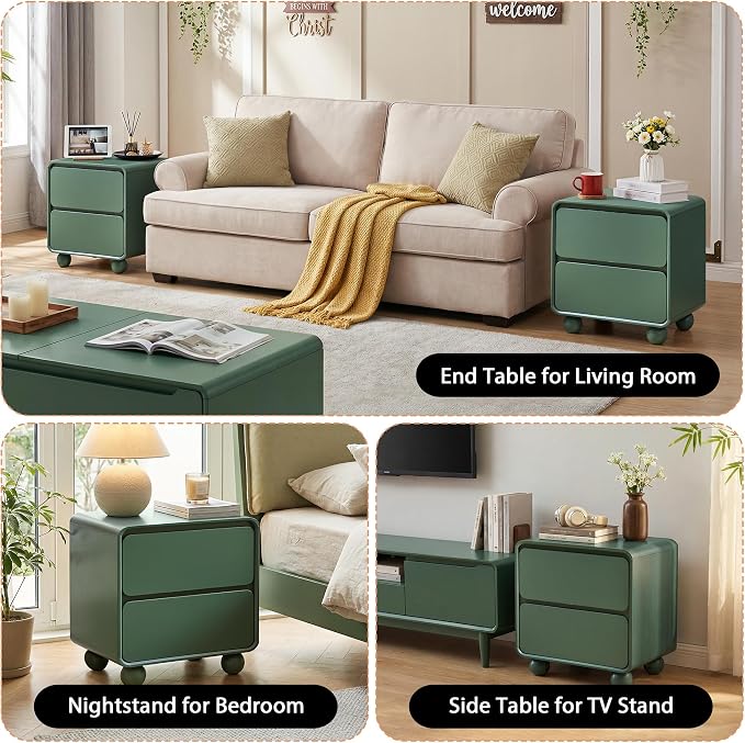 Small Night Stand Set of 2, Mid Century Modern Nightstands with 2 Drawers and Solid Wood Legs, 2 Drawer Dresser Curved Profile Design End Table Side Table for Small Space, Dorm, Bedroom(Green) - Image 8