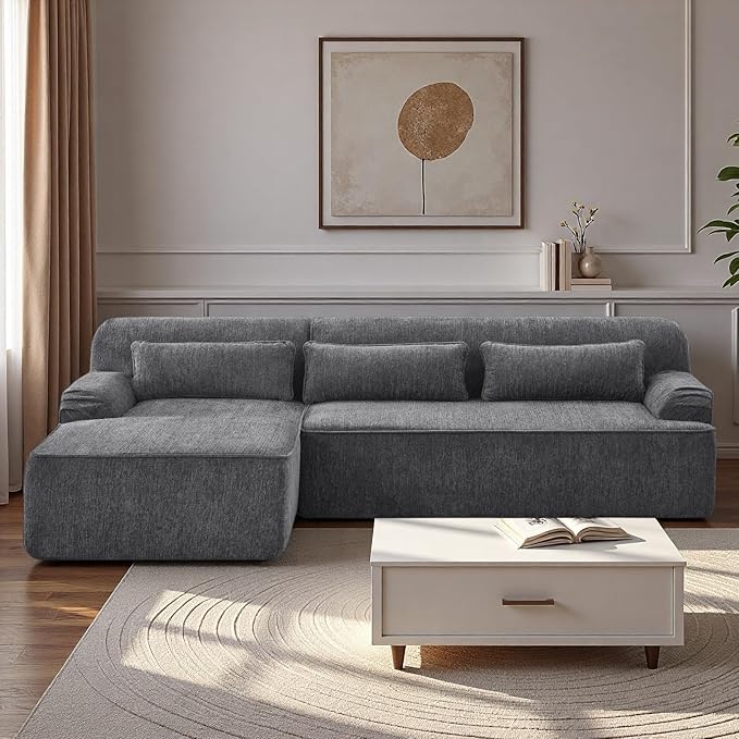 L-Shaped Sectional Sofa, Luxury Upholstered Chenille 3-Seater Sofa with Left Chaise Lounge & 3 Lumbar Pillows, Modern Comfy Oversized Couch with Side Pocket for Living Room, Apartment, Grey