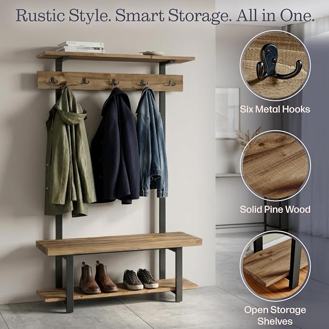 Alaterre Furniture Pomona Entryway Hall Tree – Modern Farmhouse 48-Inch Solid Wood Hall Tree with Bench, Shelves & Metal Coat Hooks – Mudroom & Foyer Storage for Jackets, Bags & Shoes (Rustic Brown) - Image 5