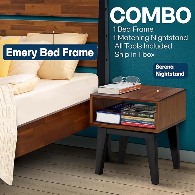 Acacia Emery Queen Solid Wood Platform Bed Frame with Headboard – Gift Matching Nightstand Included, Farmhouse Mid-Century Modern, Americano Finish, Sturdy, No Box Spring Needed, Easy Assembly