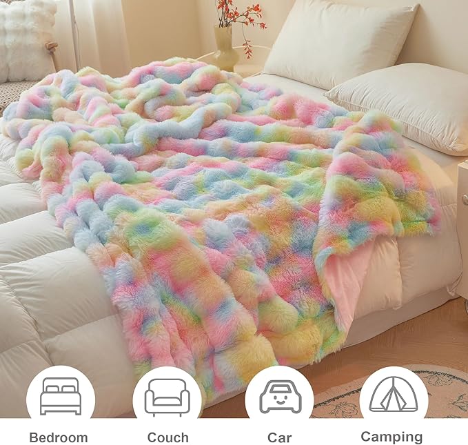 LIFEREVO Fluffy Faux Rabbit Fur Bubble Blanket, Tie Dye Plush Shaggy Throw Couch Sofa, Cozy Comfy Furry Big Bed Blanket Adults Kids Girls, Aesthetic Fuzzy Throw for Bedroom Living Room, 60x90, Rainbow