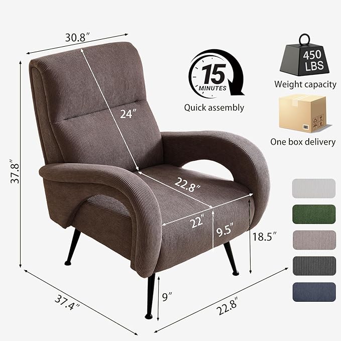 Corduroy Living Room Accent Chairs, Comfy High Back Reading Chair with Curved Arms and Solid Legs, Upholstered Armchair for Bedroom, Reading Nook, Apartment, Brown