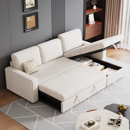 81.5" Convertible L Shaped Sleeper Sofa, 3-Seat Pull Out Sectional Couch with Storage Chaise & Removable Cushions, Chenille Fabric for Small Living Room Apartment, Beige