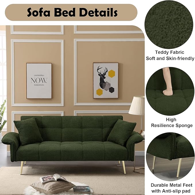 70 inch Upholstered Teddy Fleece Sofabed with Adjustable Arms and Backrest,Modern Convertible Futon Couch W/Metal Legs & Pillows,Love Sofa for Living Room,Bedroom,Apartment,Green, 70"