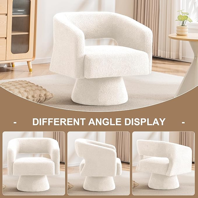 ClinQ Swivel Barrel Accent Chair, Oversized Teddy Upholstered Round Swivel Chairs Set of 1, Modern Luxury 360° Living Room Vanity Chair for Bedroom Office&Living Room, White