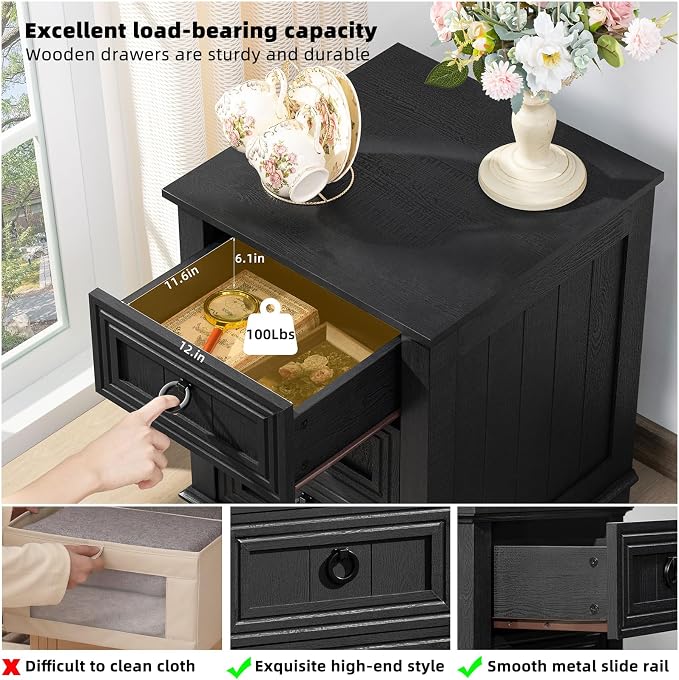 Joaxswe Farmhouse Night Stand Set of 2, 18" End Table with 3 Drawer Metal Handle, Dresser for Bedroom, Sofa Bed Side Table Chest of Drawers,Wood Nightstand Cabinet for Organizer, Living Room-Black - Image 6