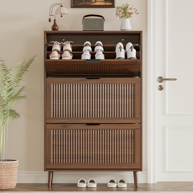 BORNOON Shoe Cabinet for Entryway with 3 Flip Drawers, Slim Wooden Shoe Storage Organizer with Modern Fluted Pannel，Freestanding Narrow Hidden Shoe Rack for Hallway, Foyer, Living Room - Image 7