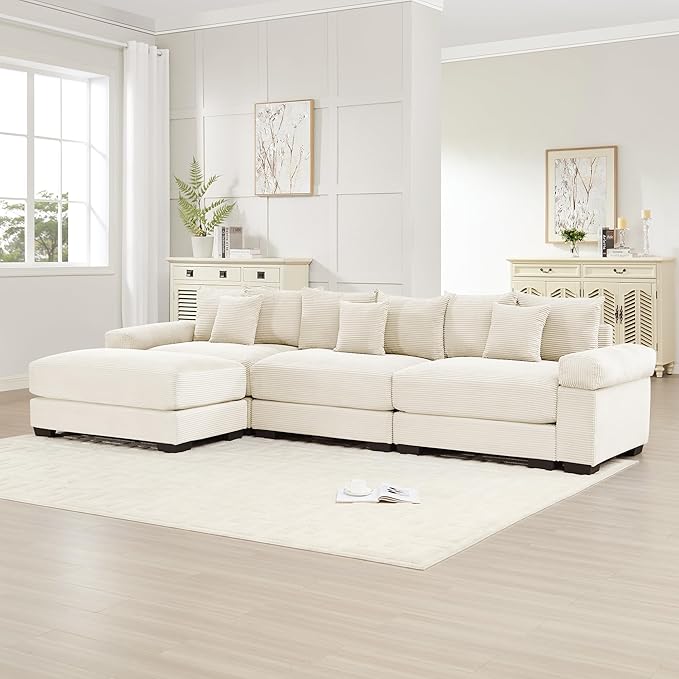 KEIKI 130" L-Shaped Oversized Corduroy Modular Cloud Sectional Sofa with 1 Ottoman, High-Density Foam Cushion, Extra-Thick Armrest, 3-Seater Fluffy Corner Couch with 9 Pillow, for Living Room, Beige