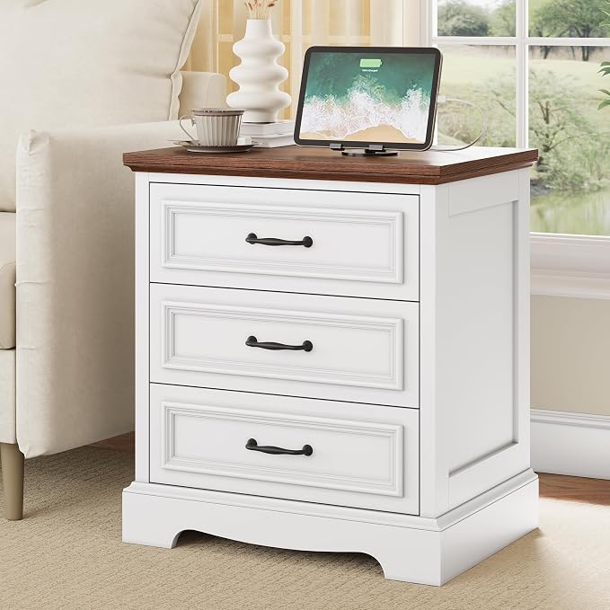 Farmhouse Nightstand with 3 Drawers,Wood Night Stand with Charging Station Modern End Side Table for Bedroom Bedside TableStorage Cabinet Small Dresser Chest of Drawers for Bedroom (1, White Brown) by Alohappy