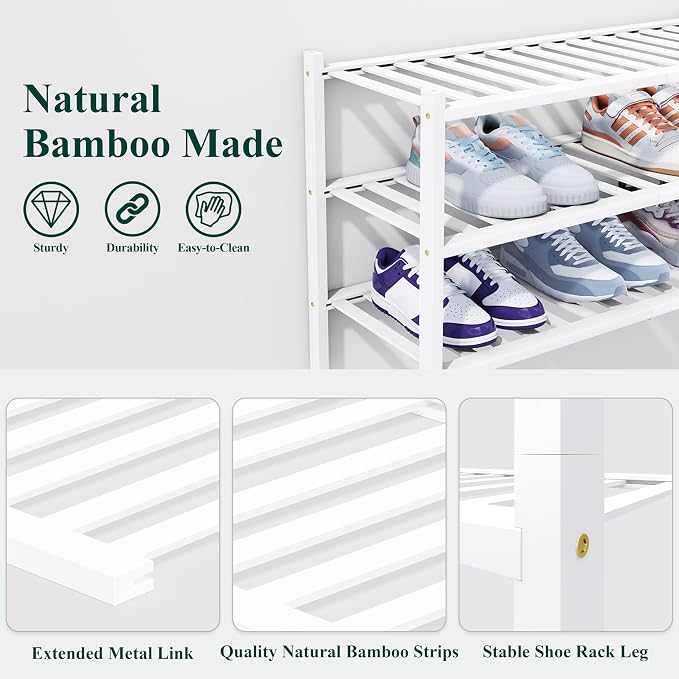 Smiry Shoe Rack, 2 Tier Thick Bamboo Shoe Organizer, Stackable Free Standing Wooden Shoe Storage Shelf for Closet, Entryway, Front Door Entrance, White - Image 3