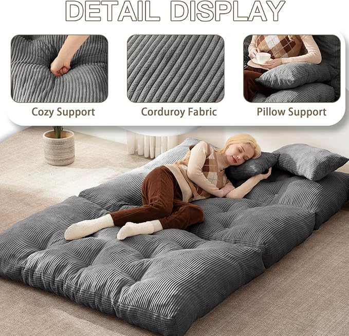 Folding Sofa Bed, Convertible Sleeper Chair with Pillow Foldable Mattress with Back Support, Portable Fold Out Chair Bed Comfy Floor Sofa Lounge for Living Room Bedroom, Dark Gray Full 80x54 Inch