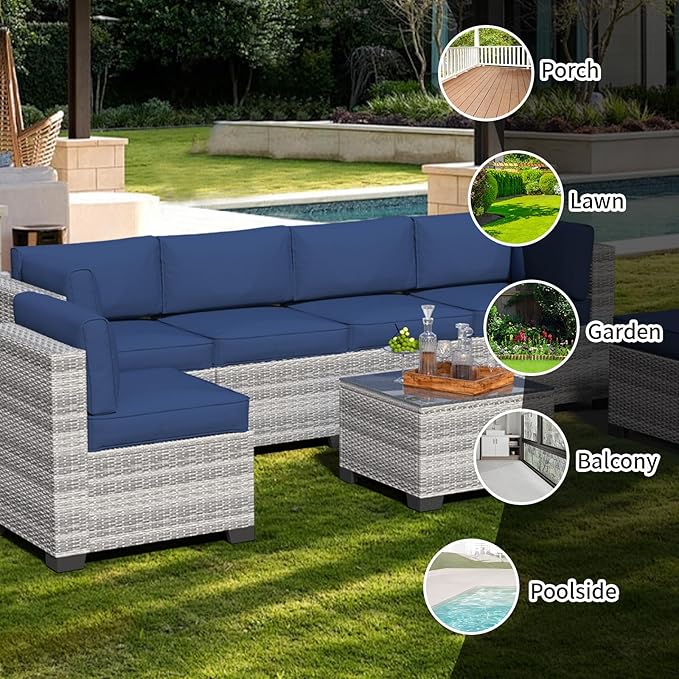 7 Piece Patio Furniture Set, Rattan Outdoor Patio Conversation Sets, Outdoor Sectional Furniture with Thickened Cushion and Coffee Table, for Deck, Backyard, Garden, Off-White & Dark Blue