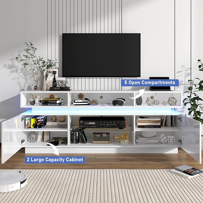 chartustriable LED TV Stand for 80 Inch TV, Modern Tall Entertainment Center with Power Outlets, High Gloss TV Stand, Gaming TV Media Console with Glass Shelf for Living Room, 71 Inch, White - Image 5