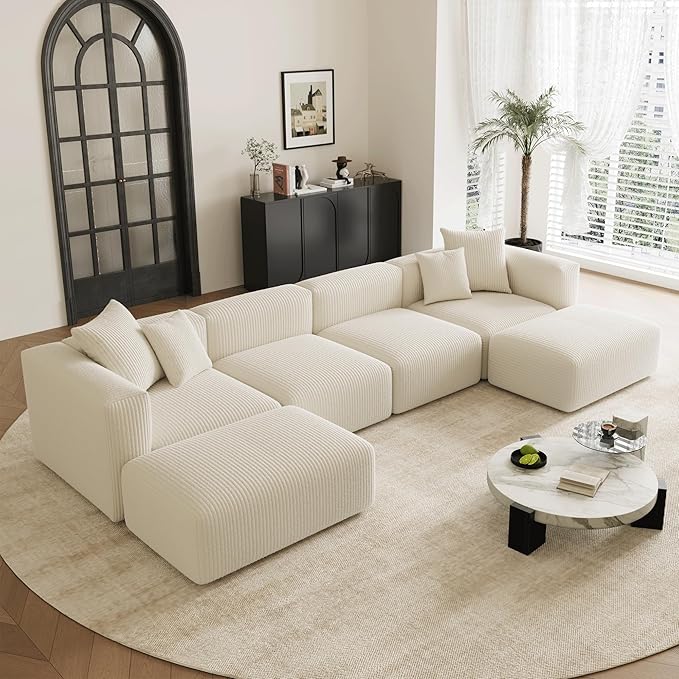 Acanva Convertible Modular Sectional Sofa with Movable Ottomans, Free Combination Corduroy Couch for Living Room Apartments, U-Shaped, White