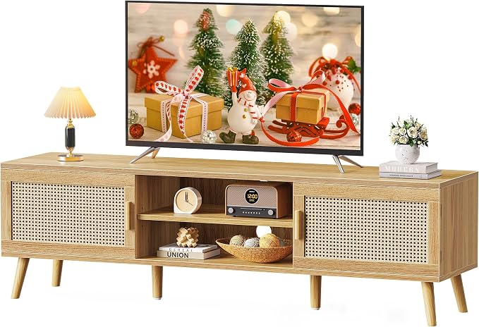 SUPERJARE Boho TV Stand for 75 Inch TV, Entertainment Center with Adjustable Shelf, Rattan TV Console with 2 Cabinets, Media Console, Solid Wood Feet, 4 Cord Holes, for Living Room - Natural by SUPERJARE