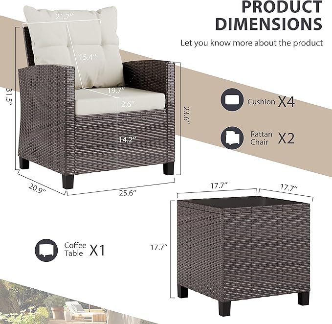 Vongrasig 3 Pieces Patio Furniture Set Small Outdoor Wicker Rattan Front Porch Bistro Set Cushioned Patio Chairs Conversation Set with Glass Table for Lawn, Garden, Backyard, Balcony, Beige