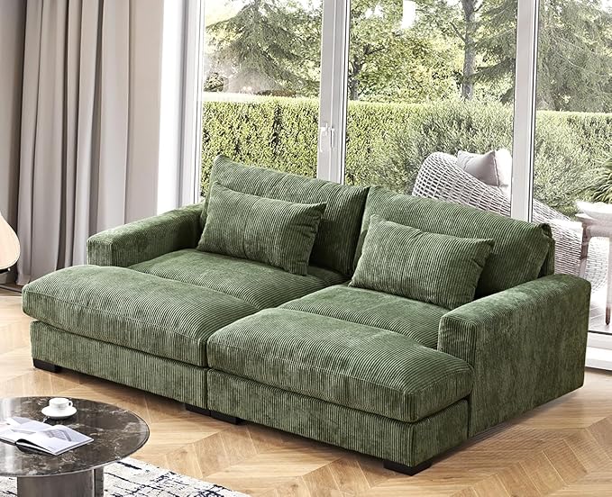 Luxe Sleeper Sofa with Soft Corduroy Upholstery, Double Chaise Design, Convertible to Twin Size Bed, Modern and Comfortable Living Room Couch, 89.9" Wide, Green