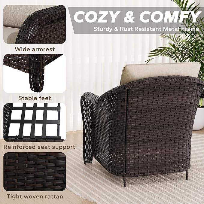 4 Pieces Patio Outdoor Conversation Furniture Set with Cushions, All-Weather Wicker Ottomans, PE Rattan 2 Chairs for Backyard, Deck, Lawn (Beige)