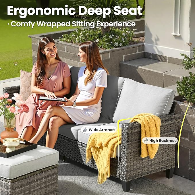 ovios Patio Furniture Set, 6 Pieces Outdoor Wicker Sofa Couch with Loveseat, Ottomans and Comfy Cushions, All Weather High Back Rattan Conversation Set, Grey