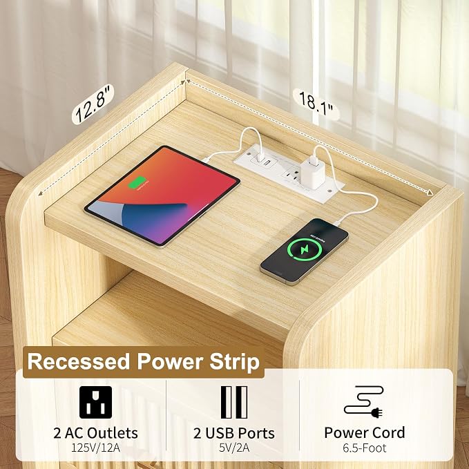 Night Stand with Charger Station, Fluted Wood Nightstand with Drawer Storage, Modern Bedside Table, Wide Nightstands for Bedroom, Mid Century Wooden Night Stands for Home Office Sofa Couch - Image 4