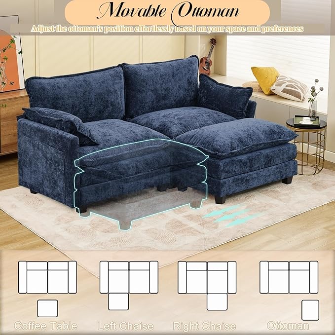 Modular Sectional Cloud Couch, 2 Seat Convertible Sectional Couches Sofa with Ottoman, Convertible L-Shape Cloud Sectionals Couches for Living Room, Apartment, Blue