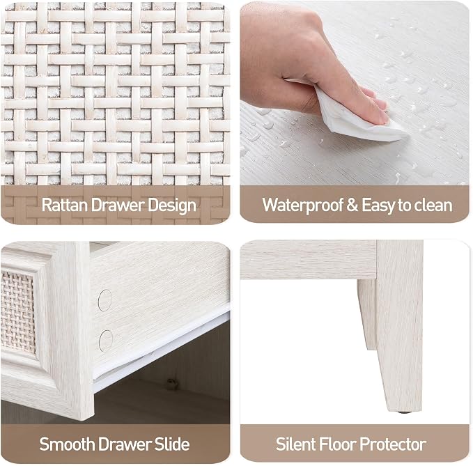 RoyalCraft Rattan Nightstand Set of 2, White Night Stand for Bedroom, Boho Bedside Table with 2 Drawers, Wood End Table for Small Space, Grayish White - Image 6