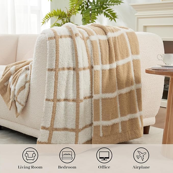 Amélie Home Checkered Knit Throw Blanket for Couch, Super Soft Fuzzy Cozy Throw, Giftable Knitted Blanket for Women Men, Birthday, Sofa Bed Living Room Decor, 50" x 60", Plaid Beige