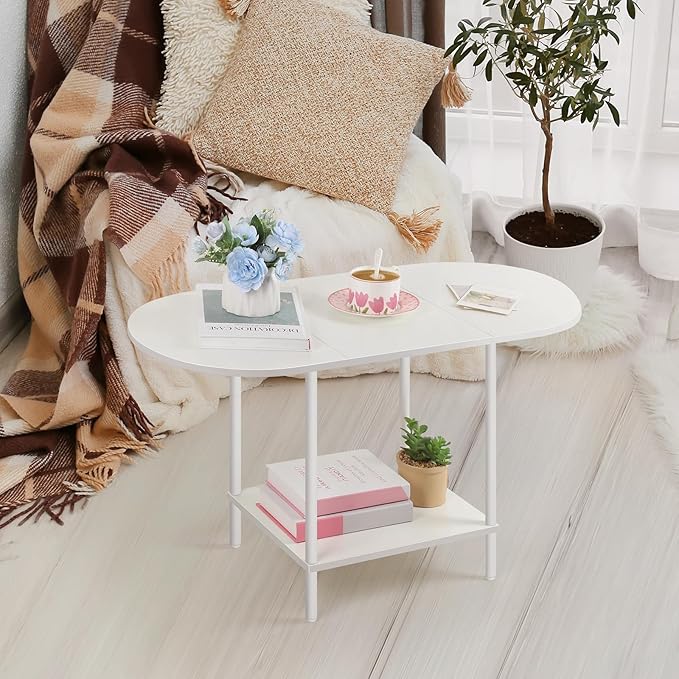 OYEAL White Coffee Table for Living Room, Small Oval Coffee Table with Storage and Wood Tabletop, Mid Century Round Center Table for Small Space, Home Office