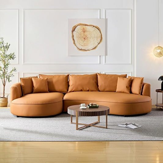 KEIKI 129" Curved Oversized Modular Bonded Leather Sectional Sofa with Left Chaise, 4 Pillows, 3 Back Cushion, Modern Comfy 5-Seater Couch, Easy Assembly, for Apartment, Living Room, Orange