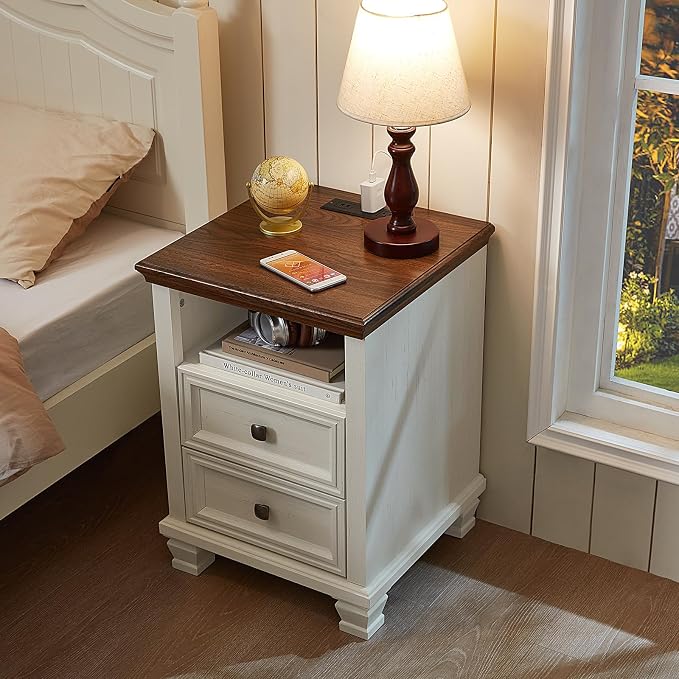 SAVOR LIFE Farmhouse Side Table with Charging Station, Antique Nightstands with Drawers, Bedside Table with Open Shelf for Bedroom, White - Image 7