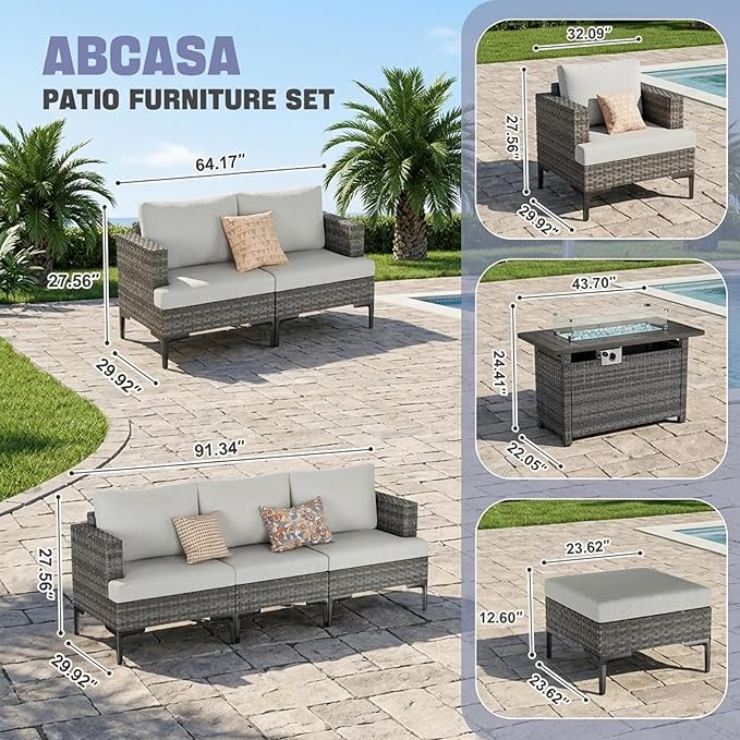 10 Pieces Patio Sectional Furniture Set with 44" Propane Fire Pit Table, 60000BTU Wicker Outdoor Sectional Coversation Set, Thick Cushion Deep Seat, Outdoor Furniture for Porch,Backyard,Deck (Grey)