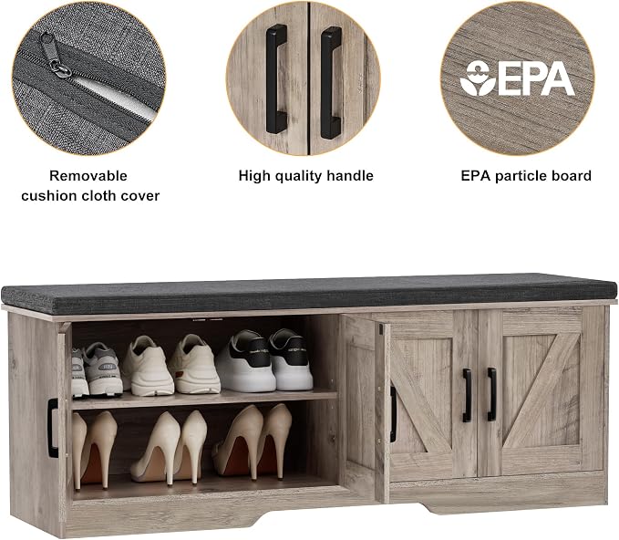 HOMSHO 2-Tier Storage Bench, 47.2" Wide Shoe Bench with Padded Seat Cushion, Entryway Bench with 4 Barn Doors and Adjustable Shelf, Greige - Image 8